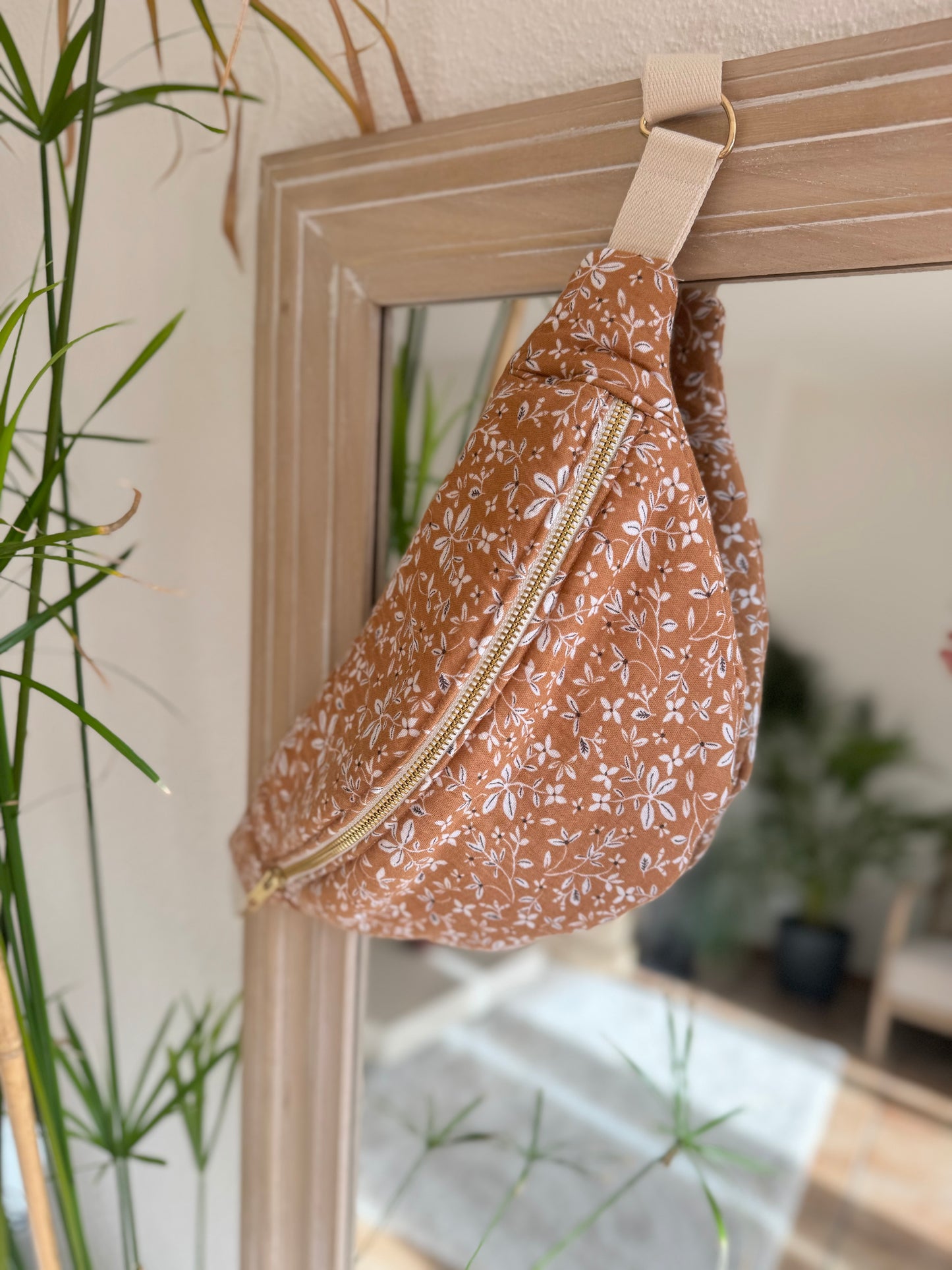 Camel floral fanny pack