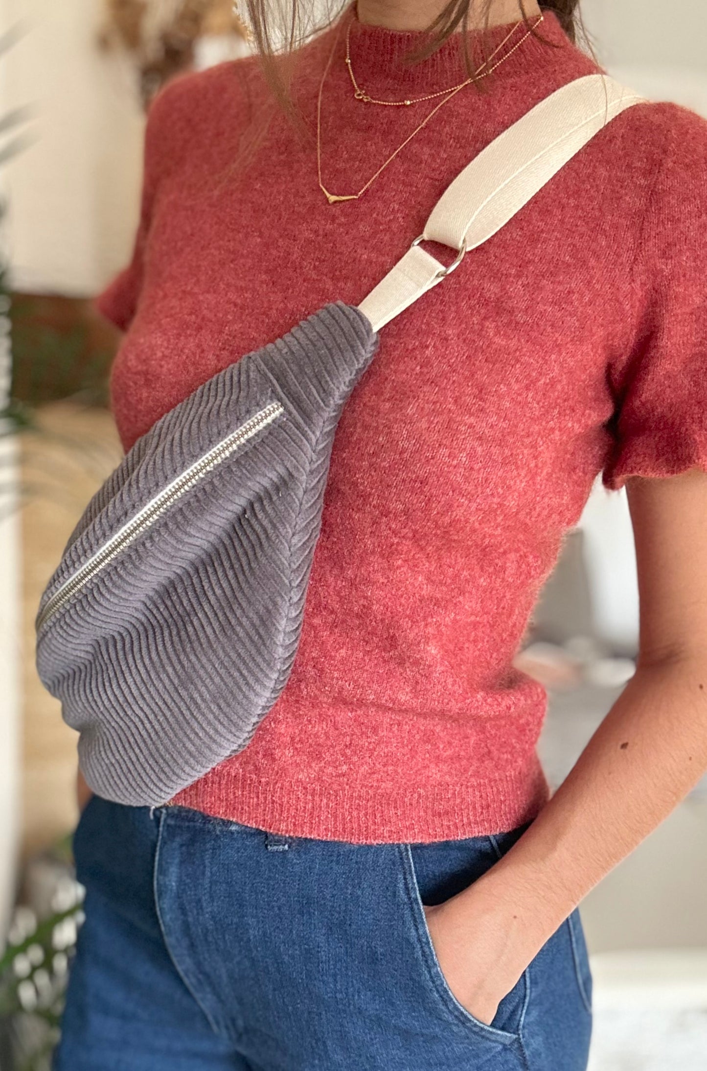 Taupe corduroy fanny pack