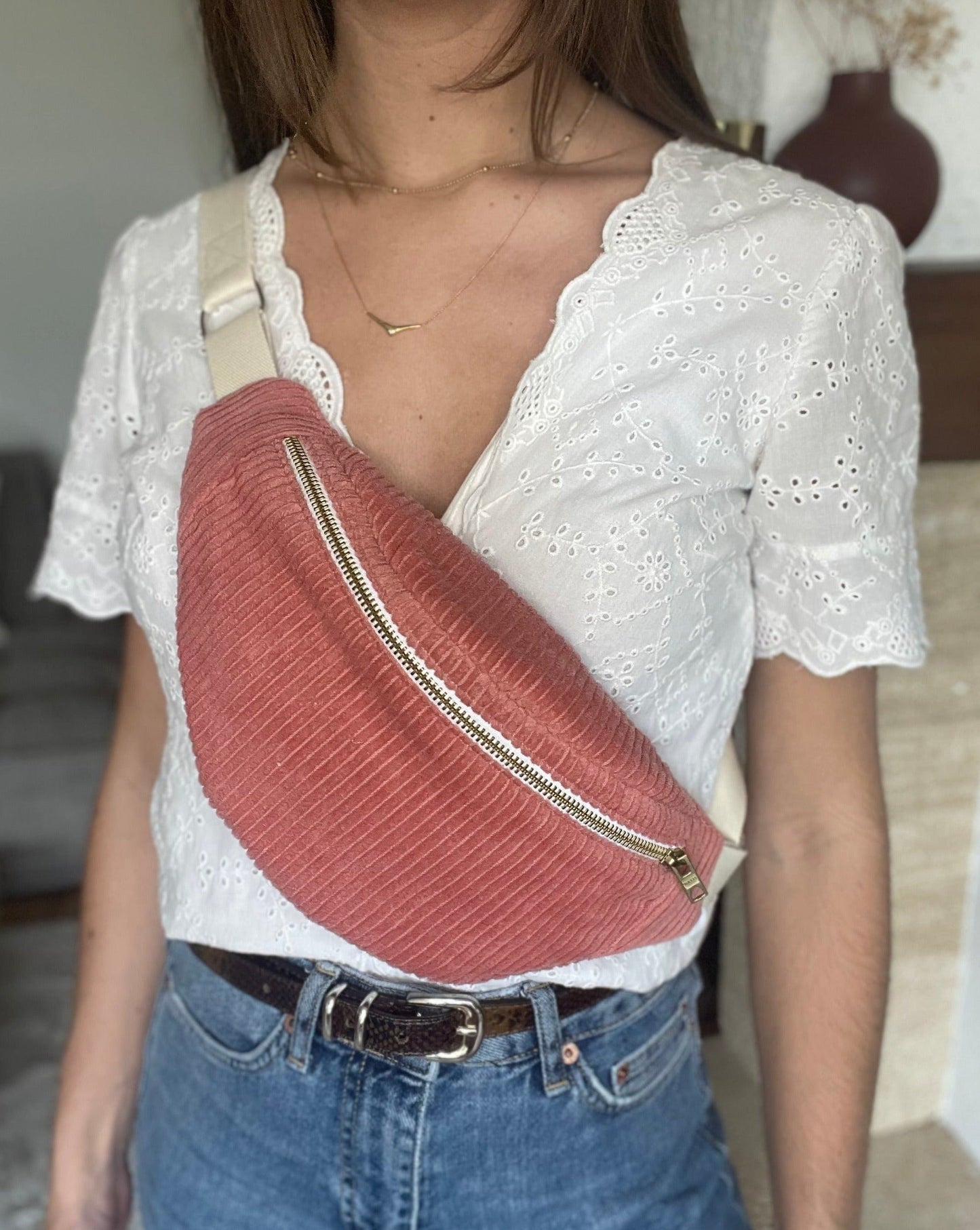 Pink corduroy fanny pack